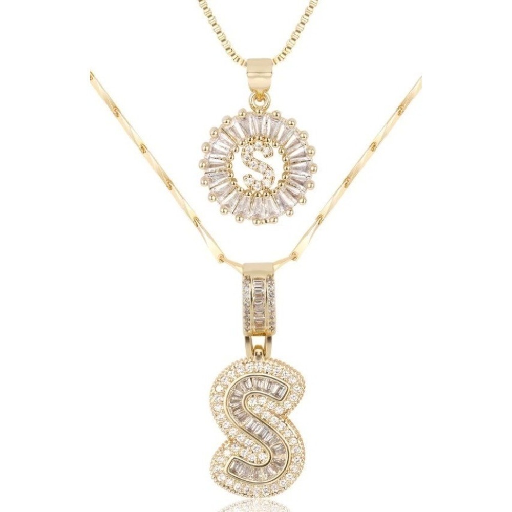 14K Gold Plated Layered Initial S Necklace Set Iced Out Cubic Zirconia Pendants